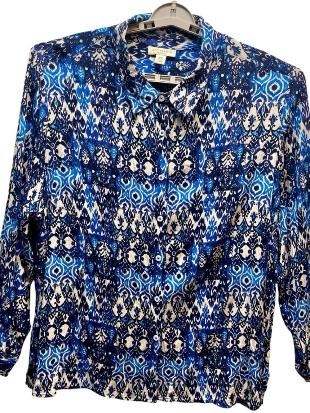 Appleseed Women’s Long Sleeve Button Down Blouse Geometric Print Blue Size 2X